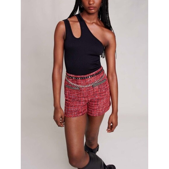 Maje Red High Waisted Boucle Shorts Tweed Parisian Preppy Women’s Size 40 Large - Picture 4 of 11